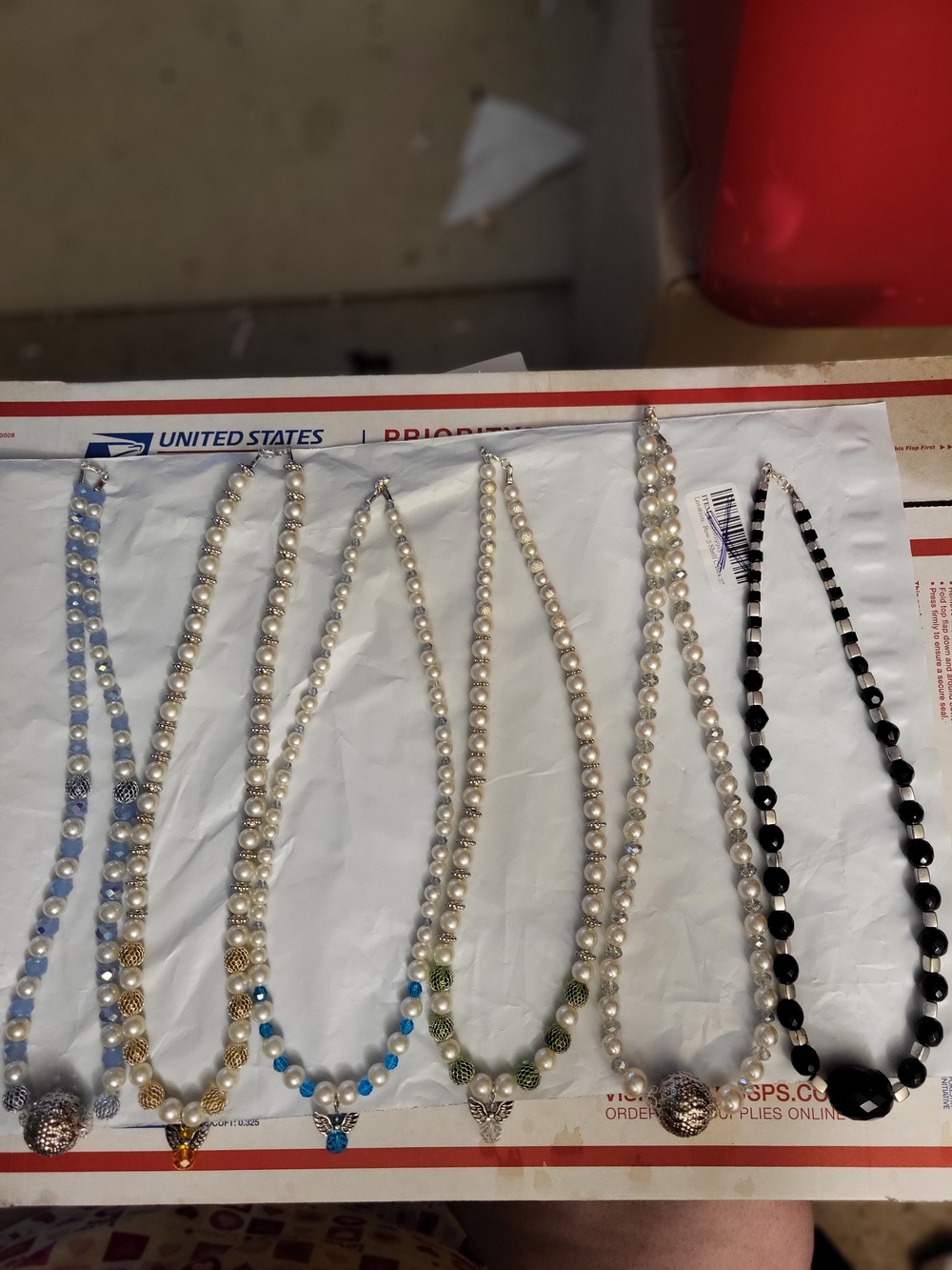 6ct Handmade Faux Pearl and Bead Statement Necklace - Cream and Black 22in To 24